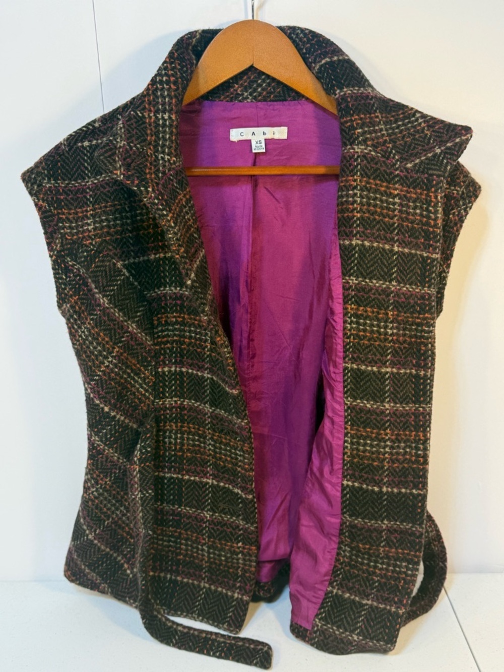 CAbi Tweed Belted Jacket Plaid Wool Blend Statement Collar Structured XS